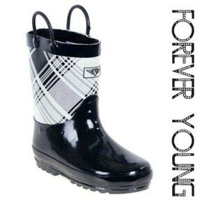 Kids Rainboots, Faux Fur Lined Rain Boots, k-1560, Black Plaid, Size 13